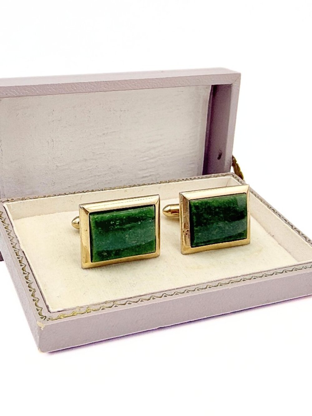 Handsome Hallmarked MCM Gold Plated Nephrite Jade Minimalist Cufflinks